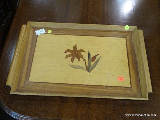 (R1) INLAID WOOD TRAY; HAS INLAID FLORAL CENTER AND TWO SCROLLING HANDLES. MEASURES 12.5 IN X 19.5