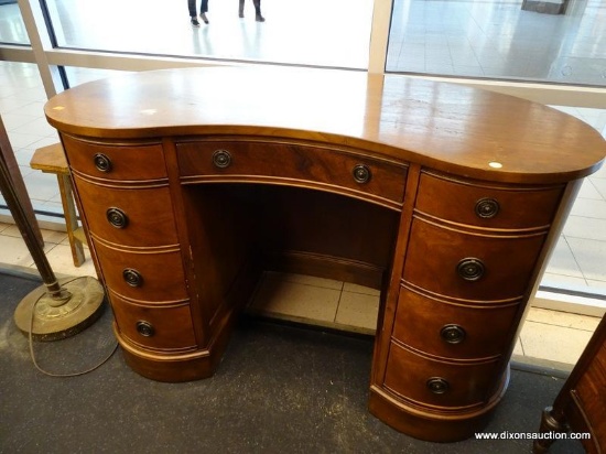 (WINDOW) KNEE HOLE DESK; BEAN-SHAPED WOODEN KNEE HOLE DESK WITH A CENTER DRAWER ABOVE THE KNEE SLOT