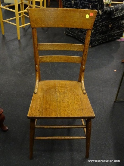 (WINDOW) SLAT BACK SIDE CHAIR; TIGER'S OAK SLAT BACK CHAIR WITH BOX STRETCHER AND TAPER POLED LEGS.