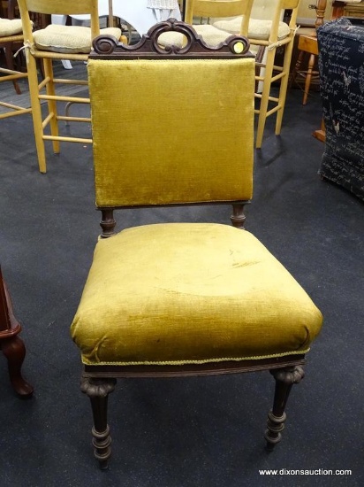 (R1) SIDE CHAIR; FRENCH STYLE SIDE CHAIR WITH SCROLL CARVED TOP. YELLOW UPHOLSTERED SEATS AND TWO