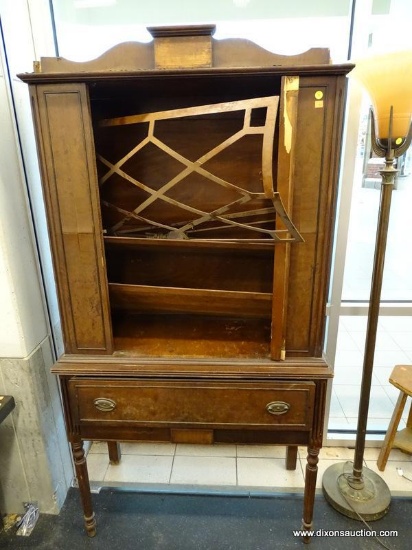 (WINDOW) FRENCH STYLE CHINA CABINET; HAS A TOP CABINET DOOR THAT OPENS TO REVEAL 2 ADJUSTABLE