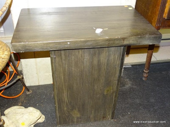 (WINDOW) RUSTIC END TABLE; HAS A GREYISH GREEN FINISH. MEASURES 26 IN X 16 IN X 2 FT.