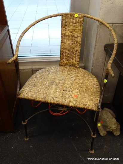 (WINDOW) PATIO CHAIRS; SET OF 5 CAPTAIN STYLE CANE ON IRON FRAME PATIO CHAIR. MEASURES 23 IN X 17 IN