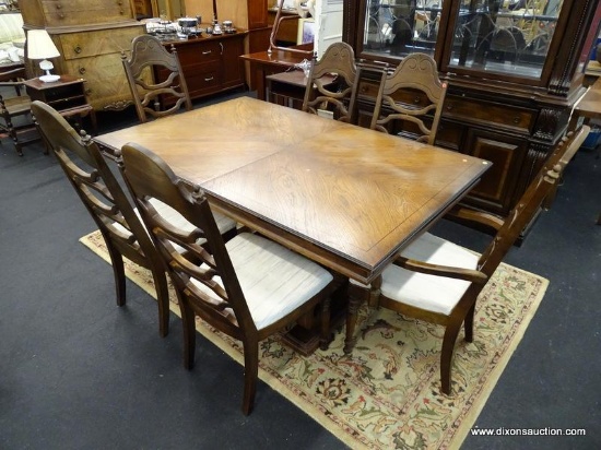 (R1) DINING ROOM TABLE SET; 7 PIECE SET TO INCLUDE A DOUBLE PEDESTAL TABLE WITH A BLACK INLAID