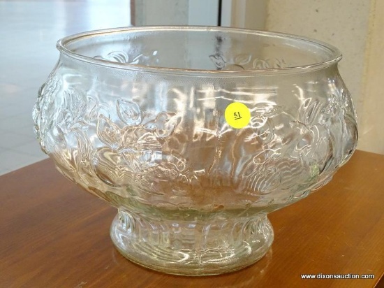 (WINDOW) FRUIT BOWL; CLEAR GLASS, FOOTED FRUIT BOWL WITH FRUIT DETAILING AROUND THE TOP AND SHELL