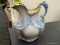 (R2) VINTAGE PITCHER; BLUE AND GOLD TONED CERAMIC PITCHER WITH A SCALLOPED RIM. HAS CRACKLING, USED