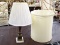 (R3) TABLE LAMP; BRASS TABLE LAMP WITH MARBLE BASE AND A TURNED TOP. INCLUDES A WHITE COOLIE SHADE.