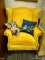 (R1) WING BACK ARM CHAIR; MULTI-TONED YELLOW FABRIC WINGBACK ARMCHAIR WITH NAILHEAD DETAILING. SITS