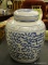 (R3) GINGER JAR; BLUE AND WHITE HAND PAINTED ORIENTAL STYLE GINGER JAR. MEASURES 9.5 IN TALL.