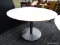 (R3) MODERN KITCHEN TABLE; ROUND KITCHEN TABLE, WHITE IN COLOR. HAS SILVER METAL BASE. MEASURES 29