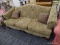 (R3) CAMELBACK SOFA; CAMELBACK STYLE SOFA WITH ROLLING ARMS, BROWN PAISLEY UPHOLSTERY AND CABRIOLE
