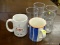 (R4) ASSORTED WATER GLASSES AND COFFEE MUGS; 6 PIECE LOT TO INCLUDE 4 CLEAR GLASS WATER GLASSES WITH