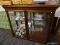 CHINA CABINET TOP; WOODEN, CHINA CABINET TOP PIECE WITH 2 BEVELED GLASS DOORS THAT OPEN TO REVEAL 2