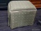 (R5) FOOT STOOL/OTTOMAN; GREEN UPHOLSTERED SMALL OTTOMAN WITH PINK AND LIGHTER GREEN TONE BUTTONS