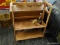 (R2) FOLDING DISPLAY RACK; TIERED, WOODEN DISPLAY RACK WITH 3 SPOTS FOR SHELVES (MISSING A SHELF).