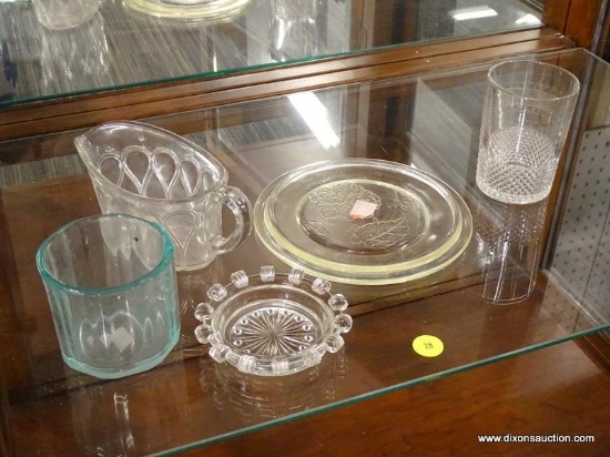 LOT OF ASSORTED GLASSWARE; 5 PIECE LOT TO INCLUDE A BUTTERPAT, A CREAMER, A DECORATIVE DISH WITH