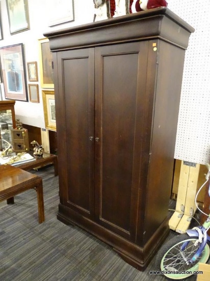 (R1) TV ARMOIRE; WOODEN WALNUT FINISHED TV CABINET HAS TWO DOORS WITH SHIELD ESCUTCHEON METAL RING