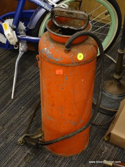 VINTAGE MANUAL SPRAY CANISTER; RED VINTAGE SPRAY CANISTER WITH ATTACHED SPRAY HOSE. READS "FILL TO