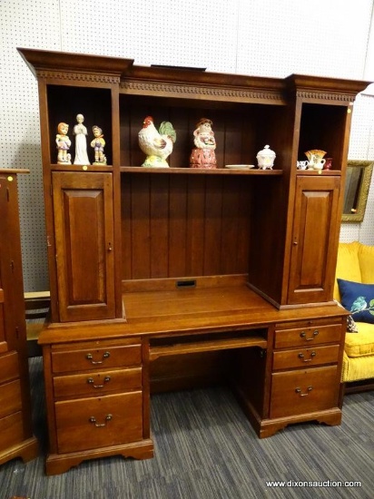(R1) DESK WITH HUTCH; 2 PC., WOODEN, KNEE-HOLE DESK WITH HUTCH. HUTCH HAS DENTAL DETAILING MOLDING,