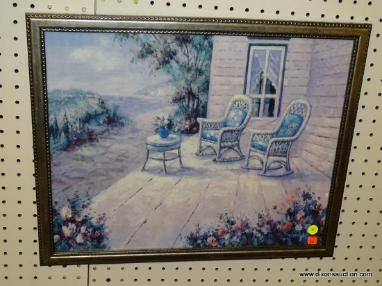 (RWALL) FRAMED COUNTRY PORCH PRINT; SHOWS 2 WICKER ROCKING CHAIRS WITH A SIDE TABLE ON A COUNTRY