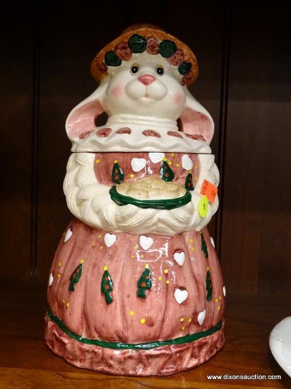 (R1) HOUSE OF LLOYD BUNNY MAID COOKIE JAR; BUNNY SHAPED COOKIE JAR, BUNNY IS WEARING DRESS AND