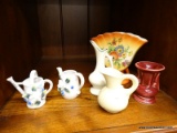 (R1) LOT OF SMALL VASES; SIX PIECE LOT TO INCLUDE TWO PORCELAIN WATERING CANS WITH FLORAL