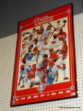 (BWALL) PHILLIES CHAMPIONS POSTER; MLB, PHILLIES POSTER, ART BY KONRAD F. HACK. SITS IN BLACK FRAME.