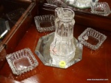 (R2) ASSORTED GLASSWARE AND MIRROR; 5 PIECE LOT TO INCLUDE A CUT GLASS EWER, 3 BUTTER PATS, AND AN