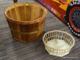 (R2) WOODEN BASKETS; 2 PIECE LOT OF WOODEN BASKETS TO INCLUDE A VINTAGE APPLE BASKET WITH METAL