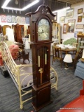 (R3) GRANDFATHER CLOCK; WOODEN GRANDFATHER CLOCK WITH A BROKEN ARCH PEDIMENT TOP AND TURNED POLE