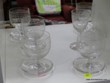 SET OF CRYSTAL CORDIAL GLASSES; 5 PIECE SET OF CRYSTAL CORDIAL GLASSES WITH SAUCER BOTTOMS. LOT ALSO