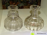 CRYSTAL GLASS DECANTERS; PAIR OF CRYSTAL GLASS PUMPKIN-STYLE DECANTERS. DOES NOT INCLUDE STOPPERS.