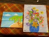 (R3) FLORAL AND BEACH PAINTINGS; PAIR OF PAINTINGS TO INCLUDE A STILL LIFE OF FLOWERS IN A VASE AND