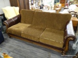 (R4) DURABLEND BLENDED LEATHER THREE CUSHION SOFA; BROWN THREE CUSHION SOFA WITH SCROLL DETAILED