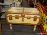 (R4) TRUNK SIDE TABLE; PAINTED, TRUNK STYLE SIDE TABLE. HAS COPPER PAINTED METAL BINDINGS WITH A