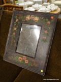 (R4) HANGING MIRROR; ARTISTIC MOMENTS, HAND PAINTED MIRROR WITH ROSES AND A WORN WOOD STYLE PAINTED