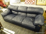 (R5) 3-CUSHION LEATHER SOFA; NAVY BLUE, FAUX LEATHER 3-CUSHION SOFA. MEASURES 87 IN X 34 IN X 35 IN.