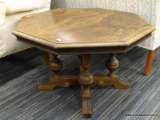 (R4) OCTAGONAL COFFEE TABLE; WOODEN COFFEE TABLE WITH DENTAL MOLDING AROUND THE TABLE RAIL AND 4