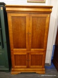 (R4) ENTERTAINMENT ARMOIRE; WOODEN, ENTERTAINMENT ARMOIRE WITH 2 TOP DOORS REVEALING A SLIDE OUT