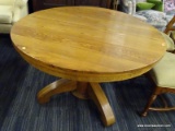 (R4.5) PEDESTAL KITCHEN TABLE; WOODEN PEDESTAL TABLE WITH A ROUND TABLE TOP, A LARGE PEDESTAL BASE,