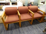 (R4.5) LOBBY/WAITING ROOM CHAIR; 3-SEATER, BURGUNDY UPHOLSTERED WAITING ROOM CHAIR WITH A SOLID WOOD