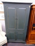 (R4.5) ENTERTAINMENT ARMOIRE; GREEN PAINTED, WOODEN TV ARMOIRE WITH DENTAL MOLDING AROUND THE FLARED