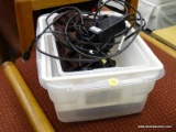 (R4.5) SET OF STORAGE BASKETS AND CONTENTS; LOT INCLUDES 3 PLASTIC STORAGE BASKETS, A SILVERWARE