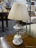 (R4.5) TABLE LAMP; HAND PAINTED, ROSE AND HOBNAIL DETAILED CERAMIC TABLE LAMP. HAS A WHITE BASE