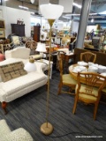 (R5) FLOOR LAMP; DOUBLE FIXTURE, LIGHT BROWN FLOOR LAMP WITH WHITE PLASTIC SHADES. MIDDLE HEAD IS