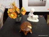 (R5) LOT OF KNICK KNACKS; 3 PIECE LOT TO INCLUDE A FAUX PLANT WITH AN AUTUMN THEME, A HAND CARVED