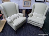 (R5) WINGBACK ARM CHAIRS; SET OF 2 WING BACK, ROLLING ARMCHAIR WITH A KEY LIME GREEN AND WHITE POLKA