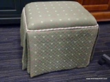 (R5) FOOT STOOL/OTTOMAN; GREEN UPHOLSTERED SMALL OTTOMAN WITH PINK AND LIGHTER GREEN TONE BUTTONS