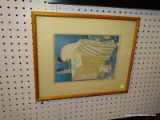 (LWALL) FRAMED ORIENTAL PRINT; PRINT DEPICTS A WOMAN WASHING HERSELF AT A WASH STAND. DOUBLE MATTED