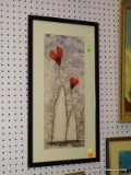 (LWALL) ABSTRACT STILL LIFE; SARAH RORES FRAMED PRINT OF TWO ROSES IN A VASE. SITS IN LIGHT GREEN